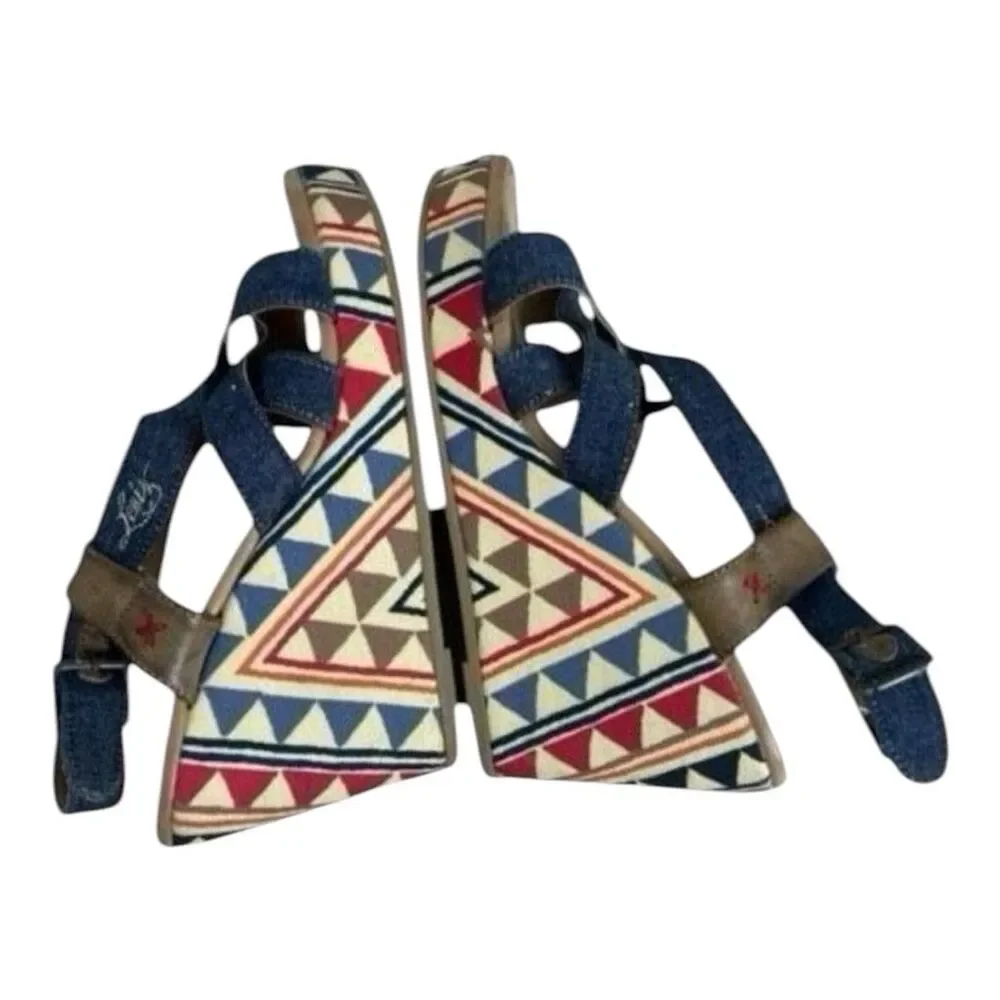 Levi’s Blue Canvas Wedge Sandals Size 8 Boho Crisscross Denim Strap Buckle Heels